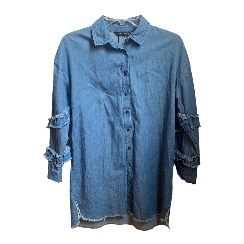 Boho Chambray Western Shirt Dress Ruffle Sleeves Frayed Hem Women’s Small